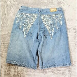 Evolution In Design Mens Blue Denim Shorts 40X13 Embroidered Wings Y2K Baggy